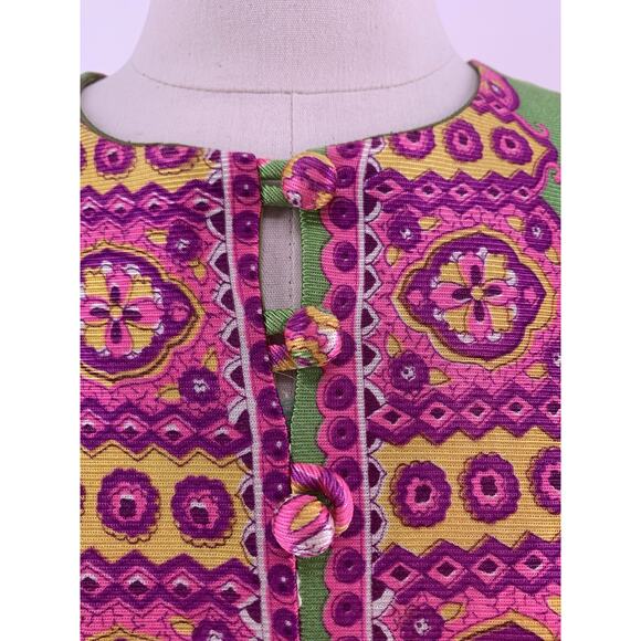 Vintage Paisley Print Maxi Dress Pink Green Glitter Boho 70s Slim Aarons Size M - Picture 5 of 9